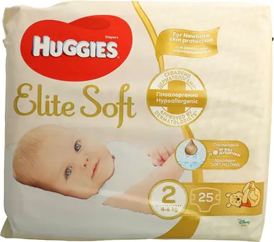 Подгузники для детей Хаггис Элит Софт (Huggies Elite Soft) размер 2 (4-6 кг) 25 шт — Фото 1