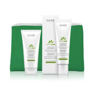 Бабе Лабораториос (Babe Laboratorios) Стоп АКН набор для жирной и проблемной кожи с косметичкой в подарок (гель для умывания 100 мл+ крем матирующий 50 мл+ косметичка) — Фото 1