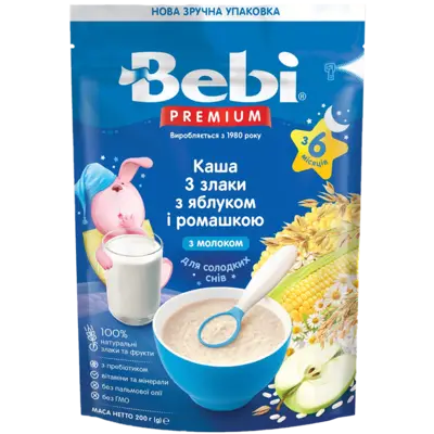 Каша молочная Беби Премиум (Bеbі Premium) 3 злаки+яблоко+ромашка с 6 месяцев 200 г — Фото 1