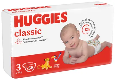 Подгузники для детей Хаггис Классик (Huggies Classic) размер 3 (4-9 кг) 58 шт — Фото 2