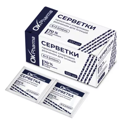 Серветки спиртові ОК Фарма (OK Pharma) розмір 6 см*3 см 100 шт — Фото 1