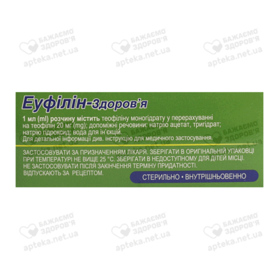 Еуфілін-Здоров’я розчин для ін'єкцій 20 мг/мл ампули 5 мл №10 — Фото 3