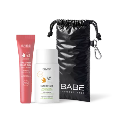 Бабе Лабораториос (Babe Laboratorios) набор солнцезащитный FACE & LIPS PINK SET матирующий флюид+ Тинт PINK + Чехол для очков в подарок — Фото 2