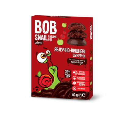 Цукерки натуральні Равлик Боб (Bob Snail) яблуко-вишня у бельгійському чорному шоколаді 60 г — Фото 1
