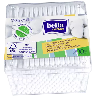 Ватні палички Белла Коттон (Bella Cotton) у пластиковій коробці 200 шт — Фото 1