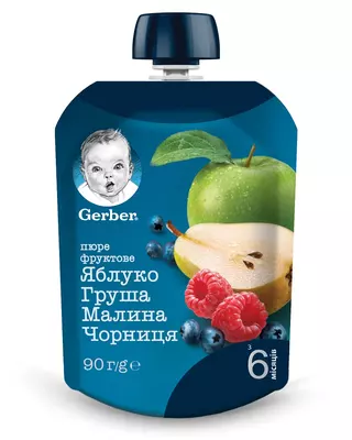 Пюре фруктовое Гербер (Gerber) яблоко, груша, малина и черника с 6 месяцев 90 г (пауч) — Фото 1