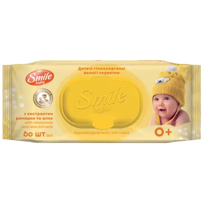 Салфетки ультрамягкие влажные Смайл Беби (Smile Baby) для детей с первых дней жизни с экстрактом алое и ромашки с клапаном 60 шт — Фото 1
