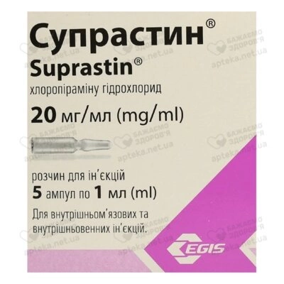 Супрастин розчин для ін'єкцій 20 мг ампули 1 мл №5 — Фото 1