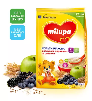 Каша безмолочная Милупа (Milupa) мультизлаковая с яблоками, черникой и ежевикой с 7 месяцев 170 г — Фото 1