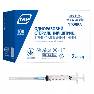 Шприц 2 мл инъекционный одноразовый гиподермальный трехкомпонентный с иглой 23G (0,6 мм*32 мм) Медпласт (МР MedPlast) 1 шт — Фото 1