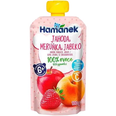 Пюре фруктовое Хаманек (Hame Hamanek) яблоко с клубникой и абрикосом с 6 месяцев (пауч) 100 г — Фото 1