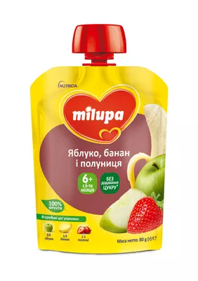 Пюре фруктове Мілупа (Milupa) яблуко+банан+полуниця з 6 місяців (пауч) 80 г — Фото 1