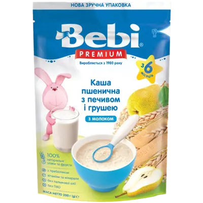 Каша молочна Бебі Преміум (Bеbі Premium) пшенична печиво з грушою з 6 місяців 200 г — Фото 1