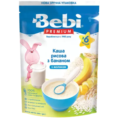 Каша молочна Бебі Преміум (Bеbі Premium) рисова з бананом з 6 місяців 250 г — Фото 1 Каша молочна Бебі Преміум (Bеbі Premium) рисова з бананом з 6 місяців 250 г — Фото 1