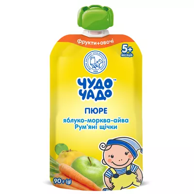 Пюре фруктово-овочеве Чудо-Чадо яблуко-морква-айва з цукром з 4 місяців 90 г (пауч) — Фото 1