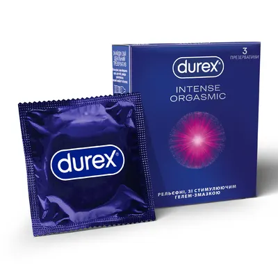 Презервативи Дюрекс (Durex Intense Orgasmic) латексні рельєфні зі стимулюючим гелем-змазкою 3 шт — Фото 1