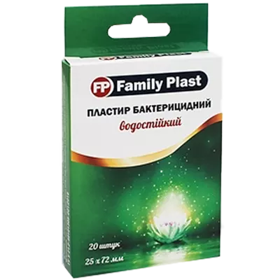 Пластир Фемілі Пласт (FamilyPlast) бактерицидний на полімерній основі водостійкий розмір 25 мм*72 мм 20 шт — Фото 1