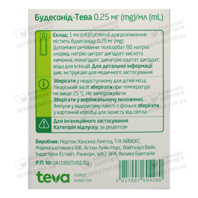 Будесонид-Тева суспензия для распыления 0,25 мг/мл ампулы 2 мл №20 — Фото 2