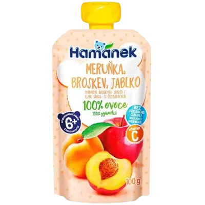 Пюре фруктове Хаманек (Hame Hamanek) яблуко з персиком та абрикосом з 6 місяців (пауч) 100 г — Фото 1