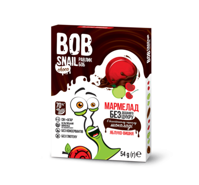 Мармелад Улитка Боб (Bob Snail) натуральный яблоко-вишня в чорном шоколаде 54 г — Фото 1