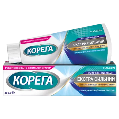 Корега Екстра Сильний нейтральний смак крем для фіксації зубних протезів 40 г — Фото 1