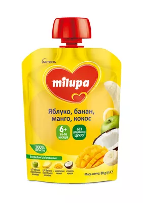 Пюре фруктовое Милупа (Milupa) яблоко+банан+манго+кокос с 6 месяцев (пауч) 80 г — Фото 1