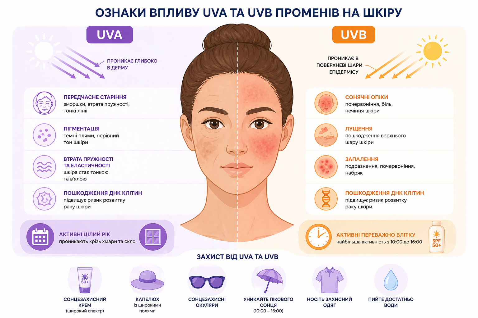 Ознаки впливу UVA та UVB променів на шкіру