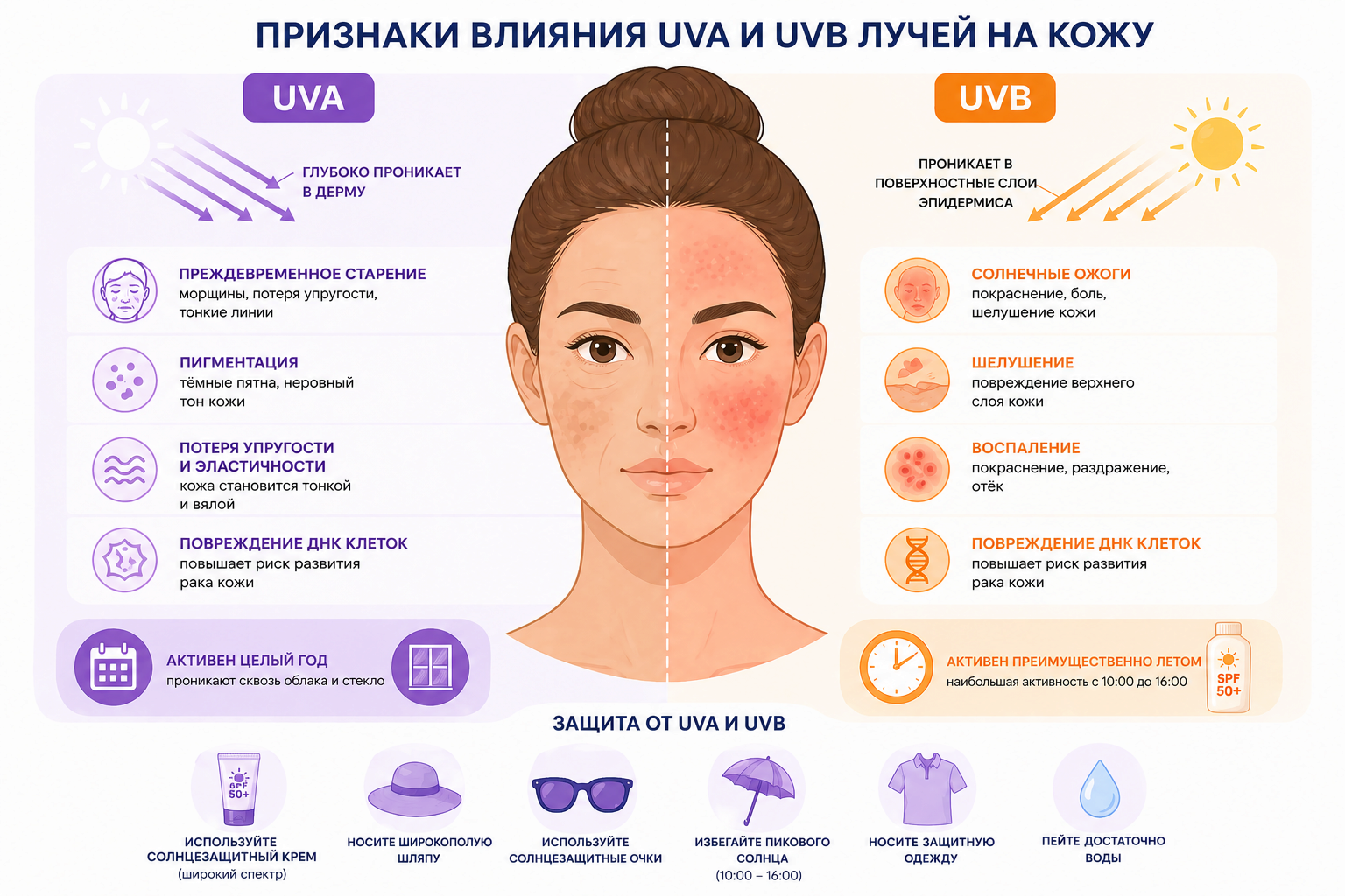 Признаки воздействия UVA и UVB лучей на кожу
